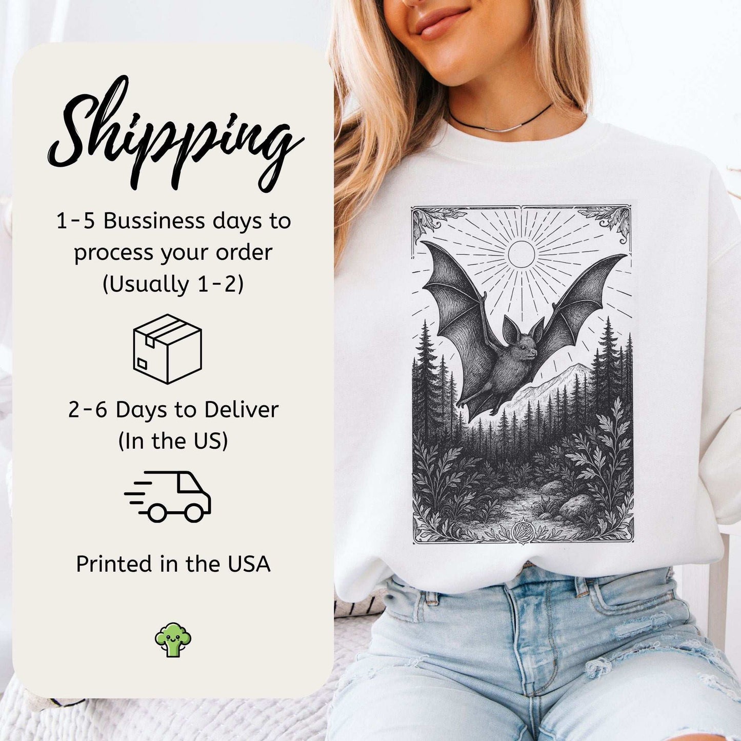 Nocturnal Guide bat spirit animal sweatshirt featuring a mystical bat design and forest motifs.
