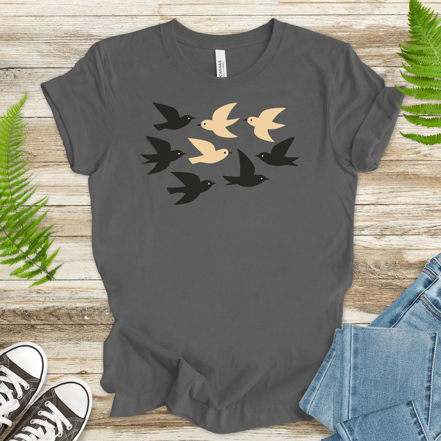 Minimalist Birds T-Shirt – Retro Black & Beige Flock for Nature Lovers