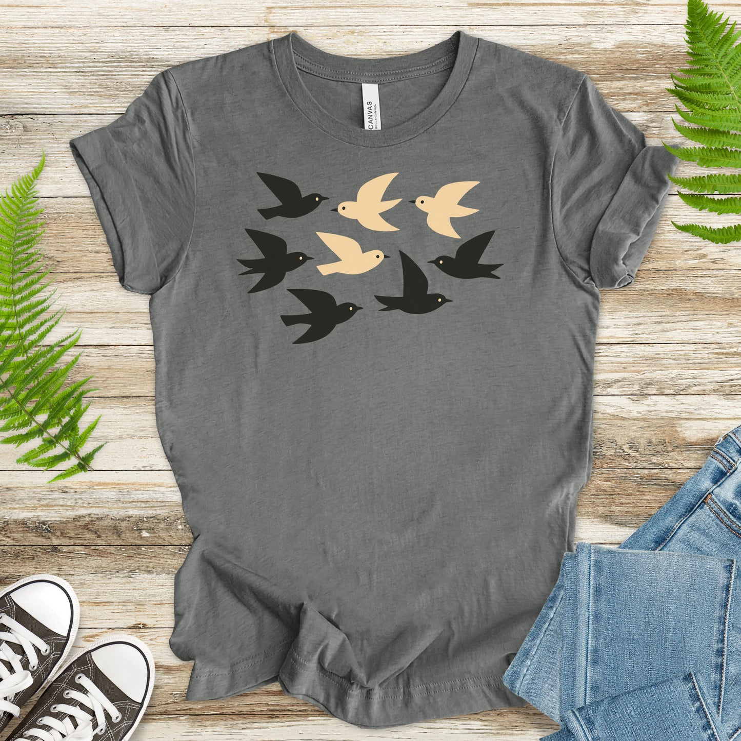 Minimalist Birds T-Shirt – Retro Black & Beige Flock for Nature Lovers