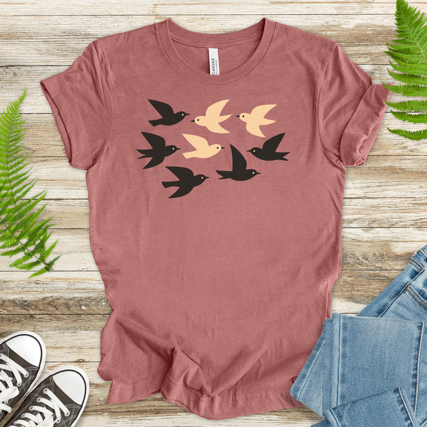 Minimalist Birds T-Shirt – Retro Black & Beige Flock for Nature Lovers