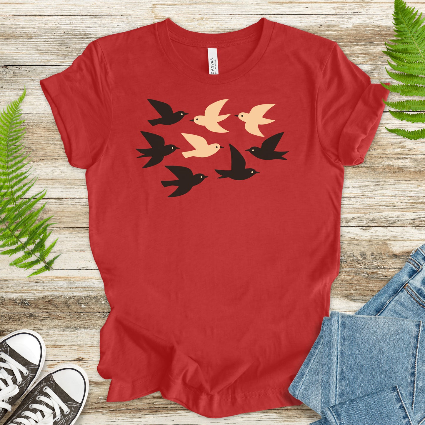 Minimalist Birds T-Shirt – Retro Black & Beige Flock for Nature Lovers
