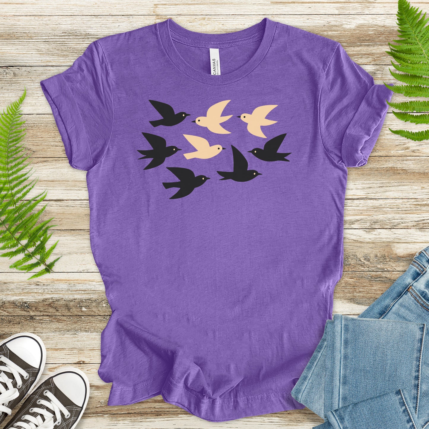 Minimalist Birds T-Shirt – Retro Black & Beige Flock for Nature Lovers