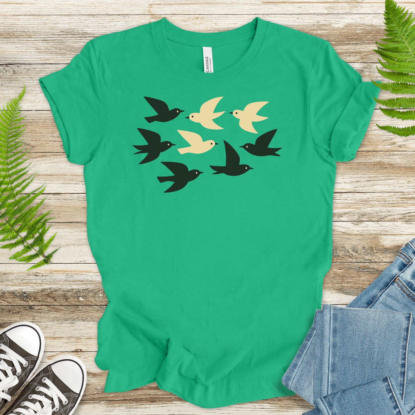 Minimalist Birds T-Shirt – Retro Black & Beige Flock for Nature Lovers