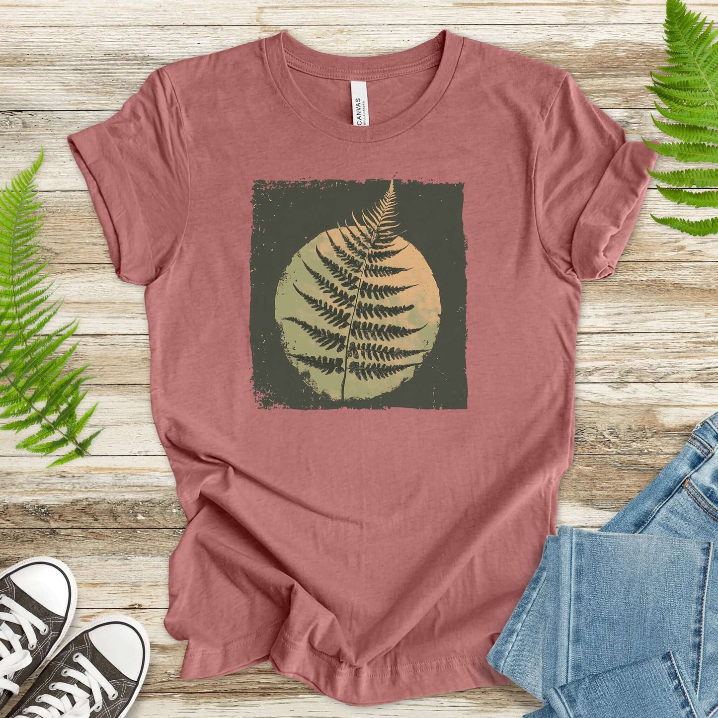 Retro Decorative Leaf Screen Print Style T-Shirt