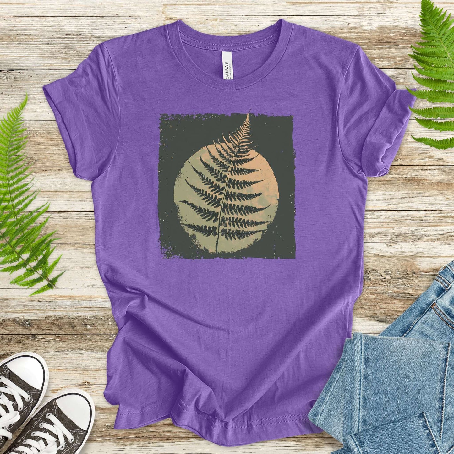 Retro Decorative Leaf Screen Print Style T-Shirt