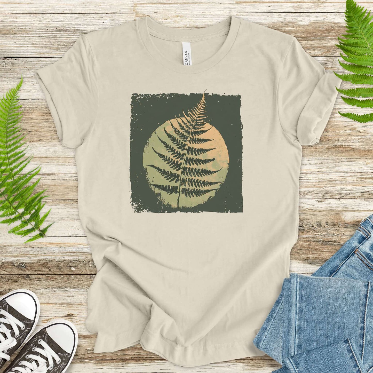 Retro Decorative Leaf Screen Print Style T-Shirt