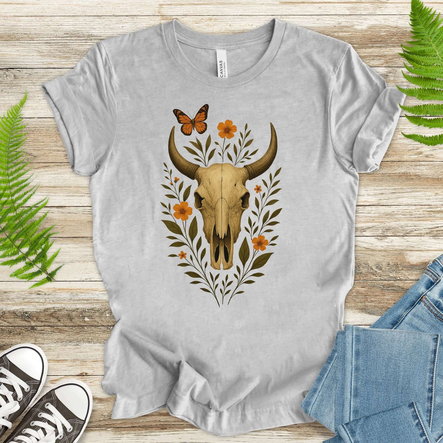 Western Bloom Skull T-Shirt – Floral Bull Skull & Butterfly Tee
