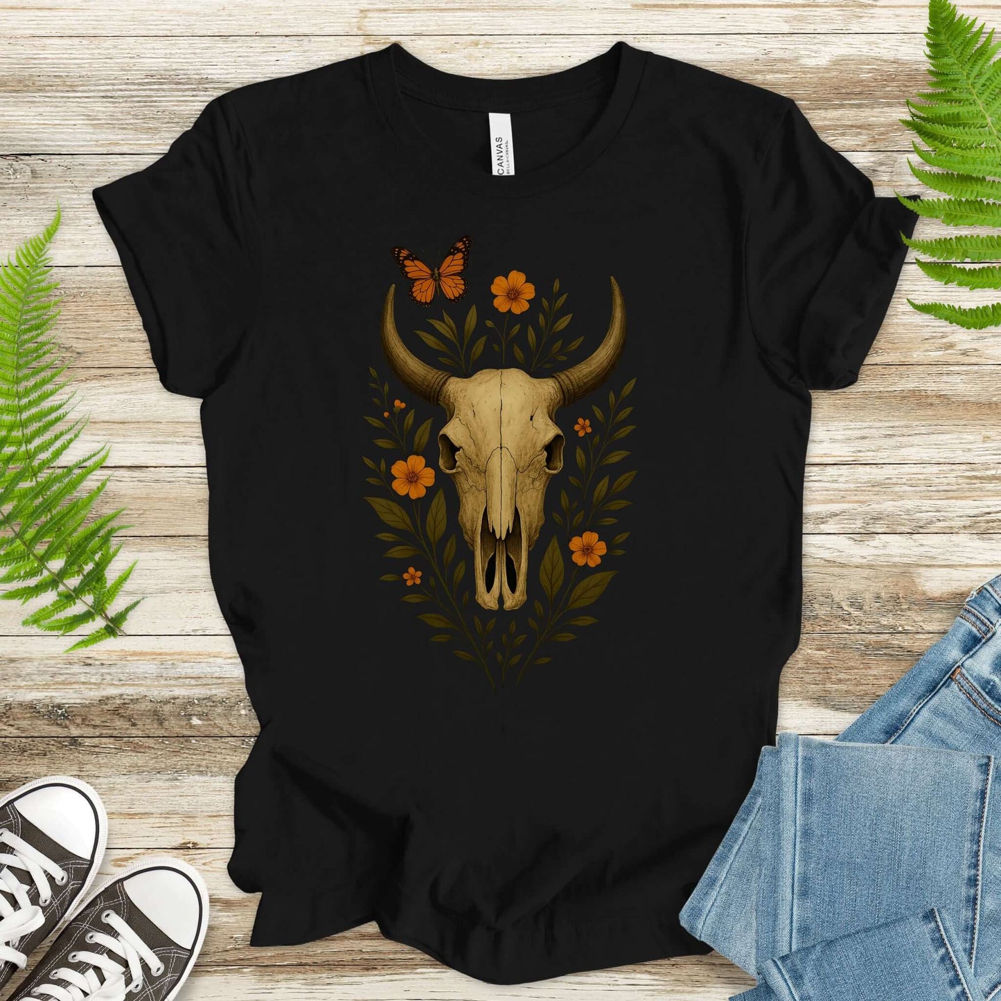 Western Bloom Skull T-Shirt – Floral Bull Skull & Butterfly Tee