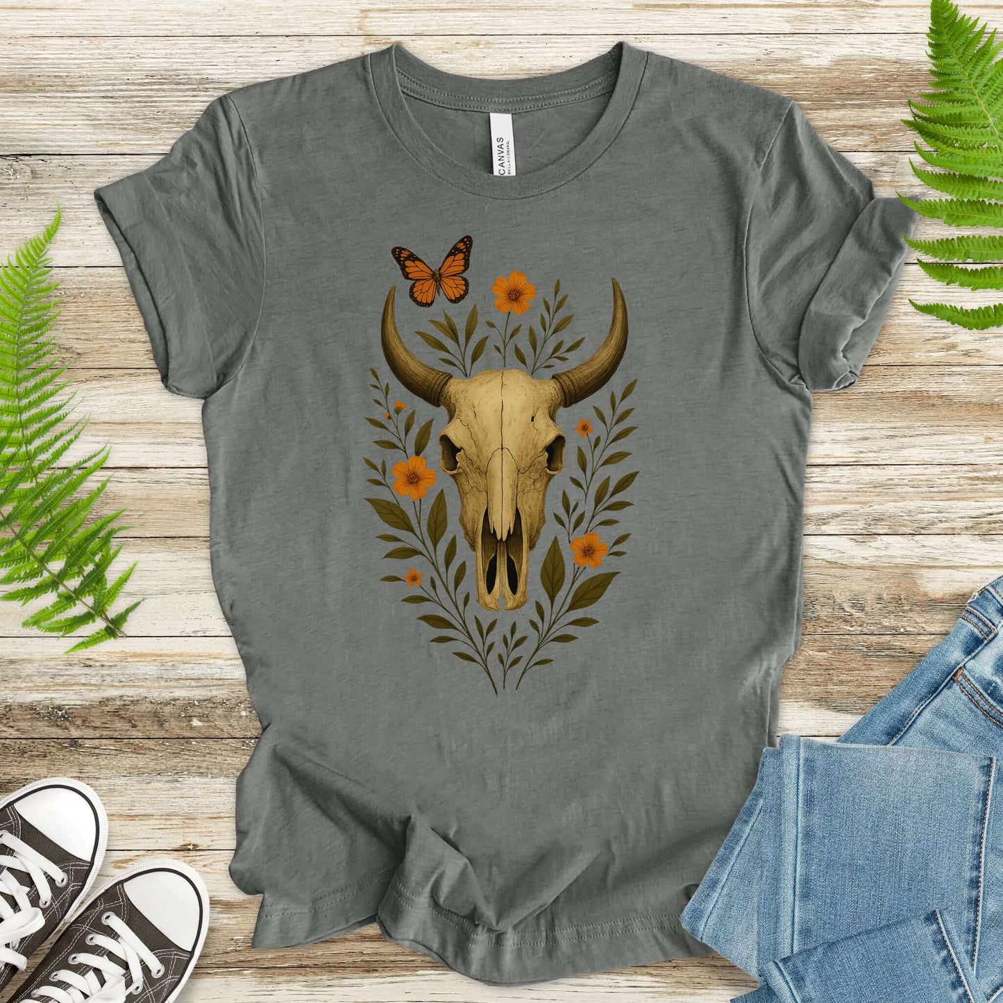 Western Bloom Skull T-Shirt – Floral Bull Skull & Butterfly Tee