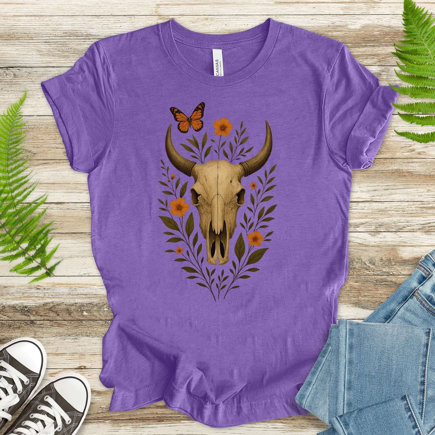 Western Bloom Skull T-Shirt – Floral Bull Skull & Butterfly Tee