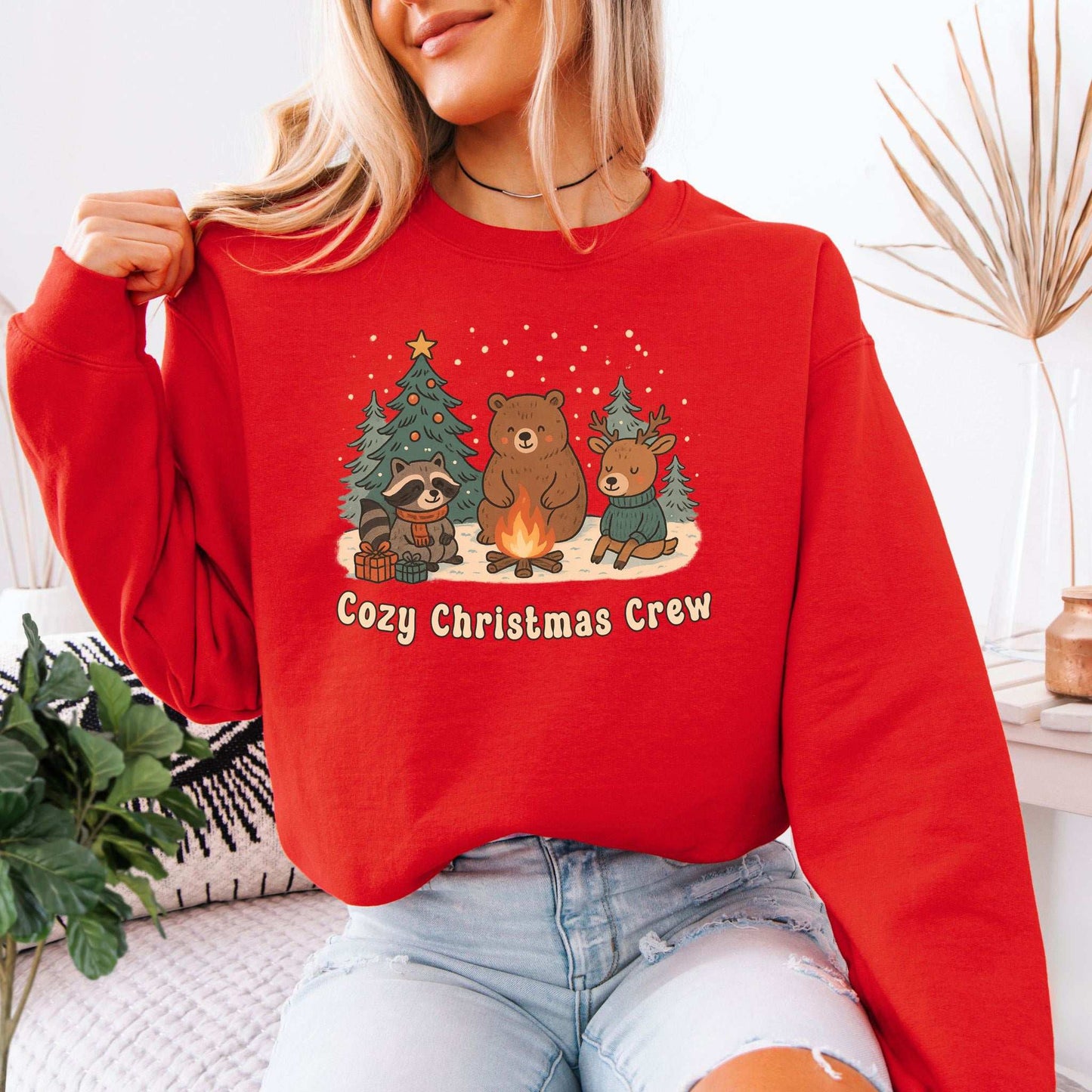 Cozy Christmas Crew Sweatshirt – Forest Animal Campfire Holiday Vibes