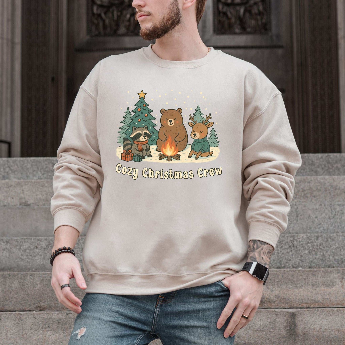 Cozy Christmas Crew Sweatshirt – Forest Animal Campfire Holiday Vibes