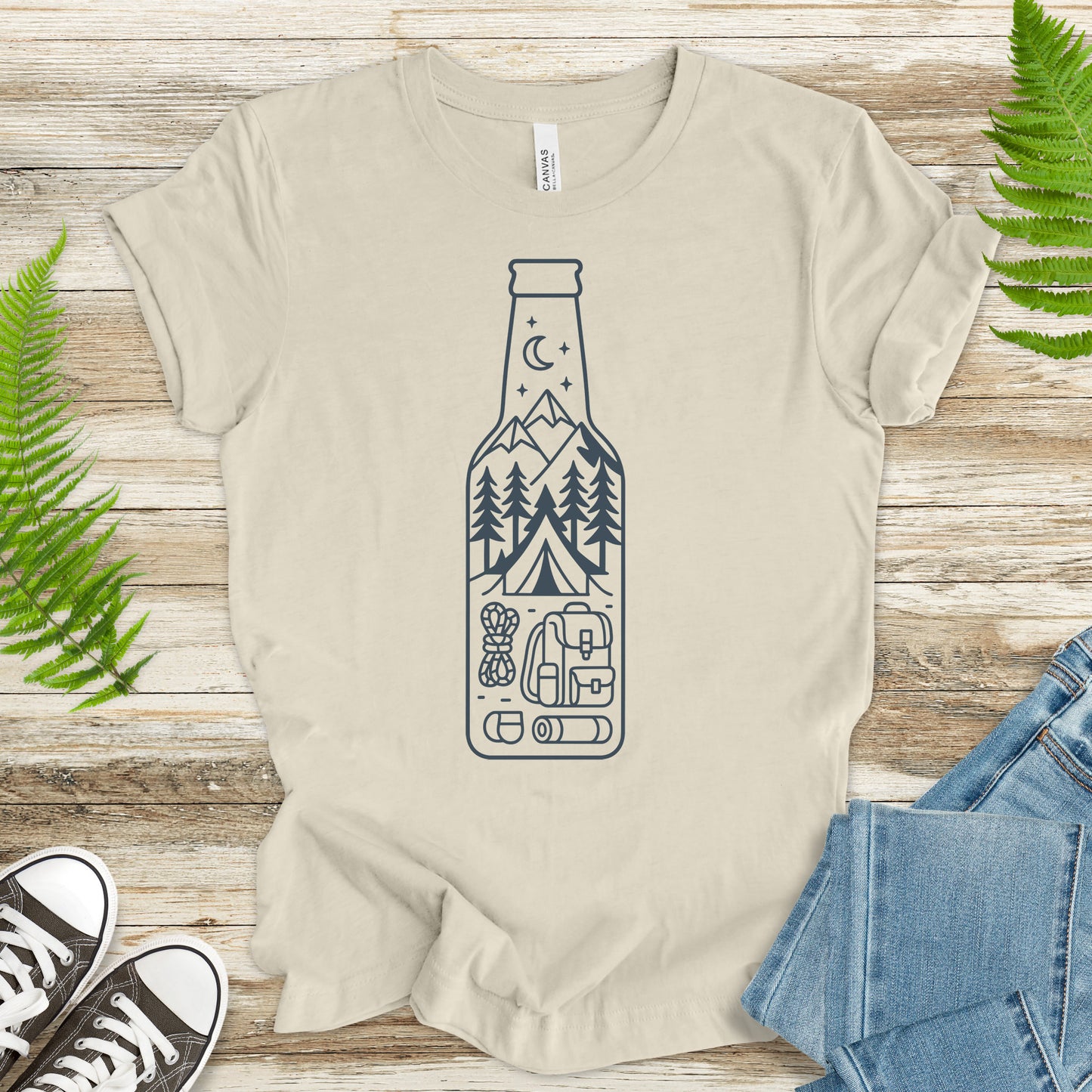 Camping in a Bottle T-Shirt – Retro Adventure & Nature Lover Tee