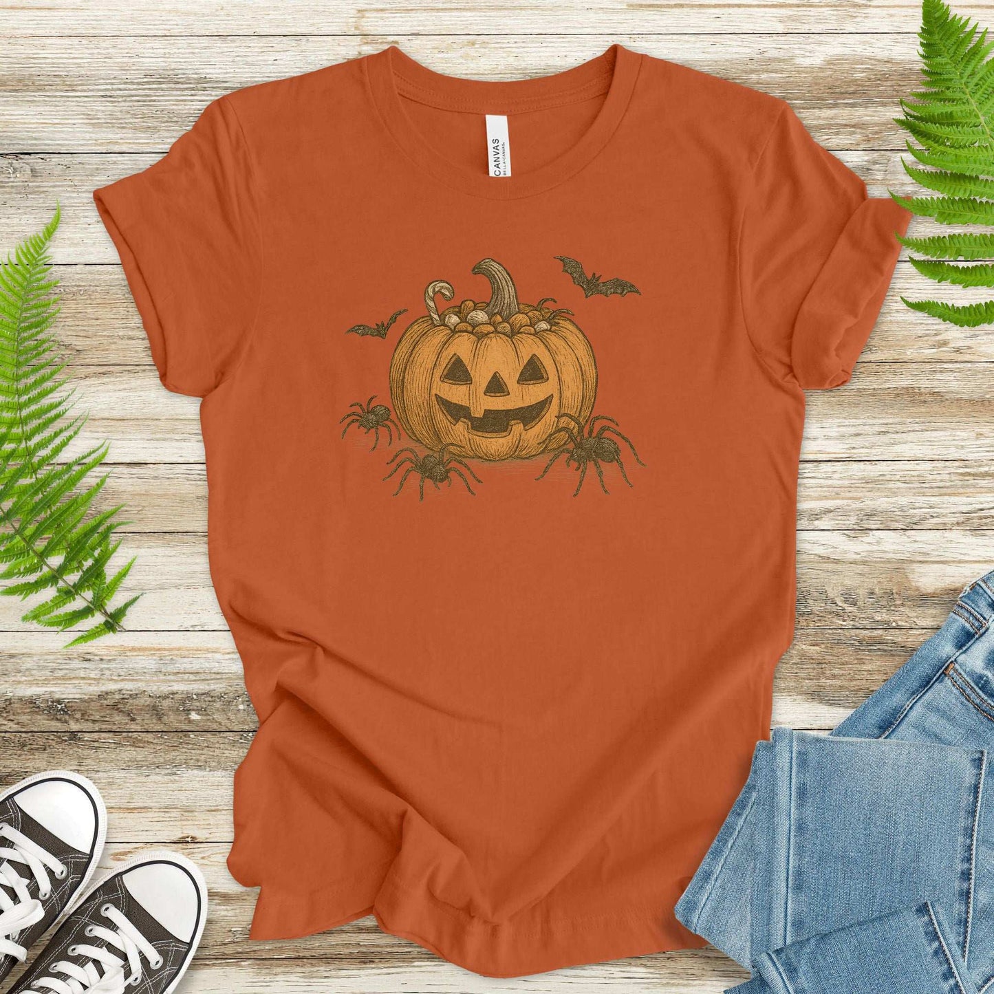 Candy Pumpkin Halloween T-Shirt – Vintage Spiders & Bats Graphic