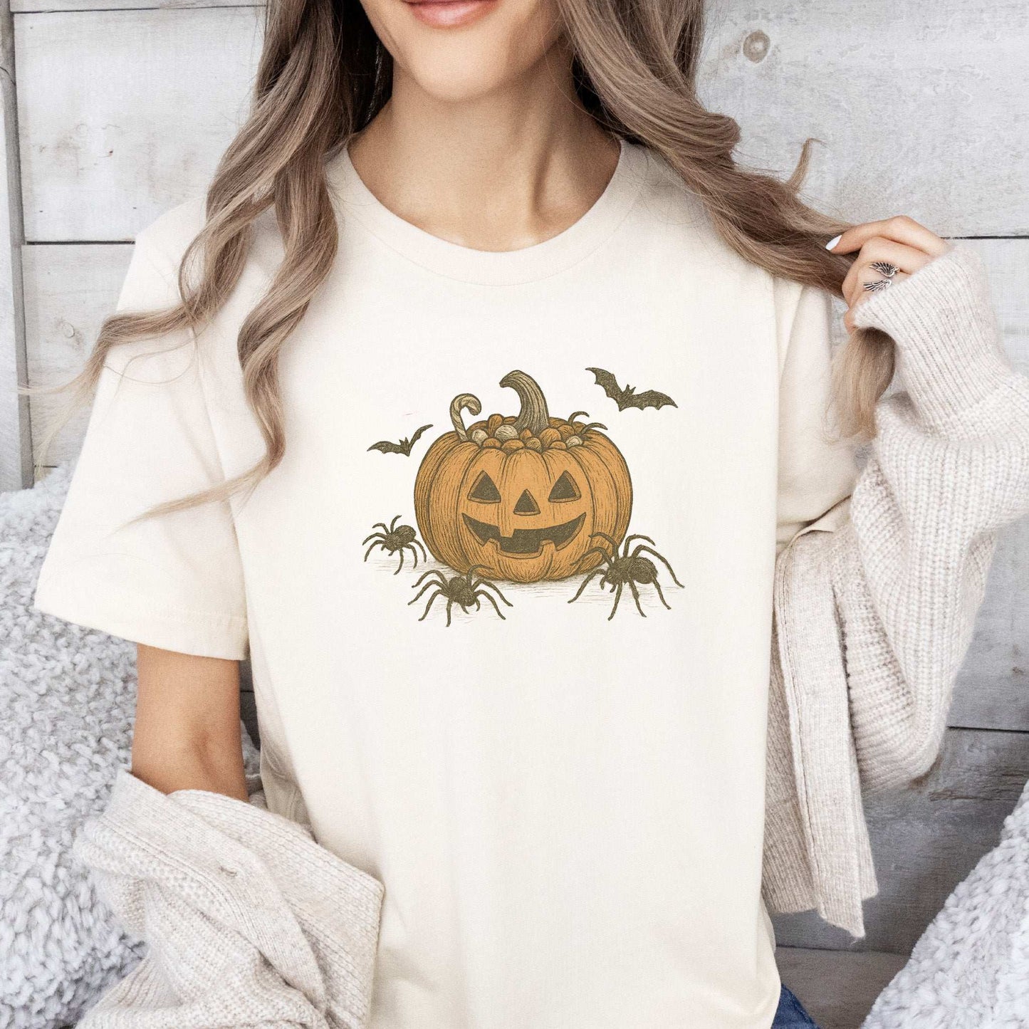 Candy Pumpkin Halloween T-Shirt – Vintage Spiders & Bats Graphic