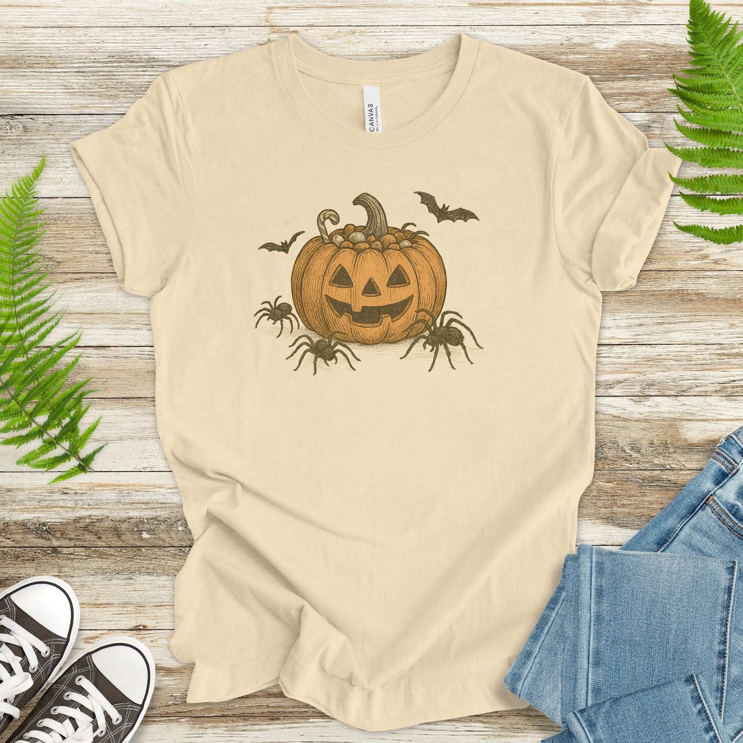 Candy Pumpkin Halloween T-Shirt – Vintage Spiders & Bats Graphic