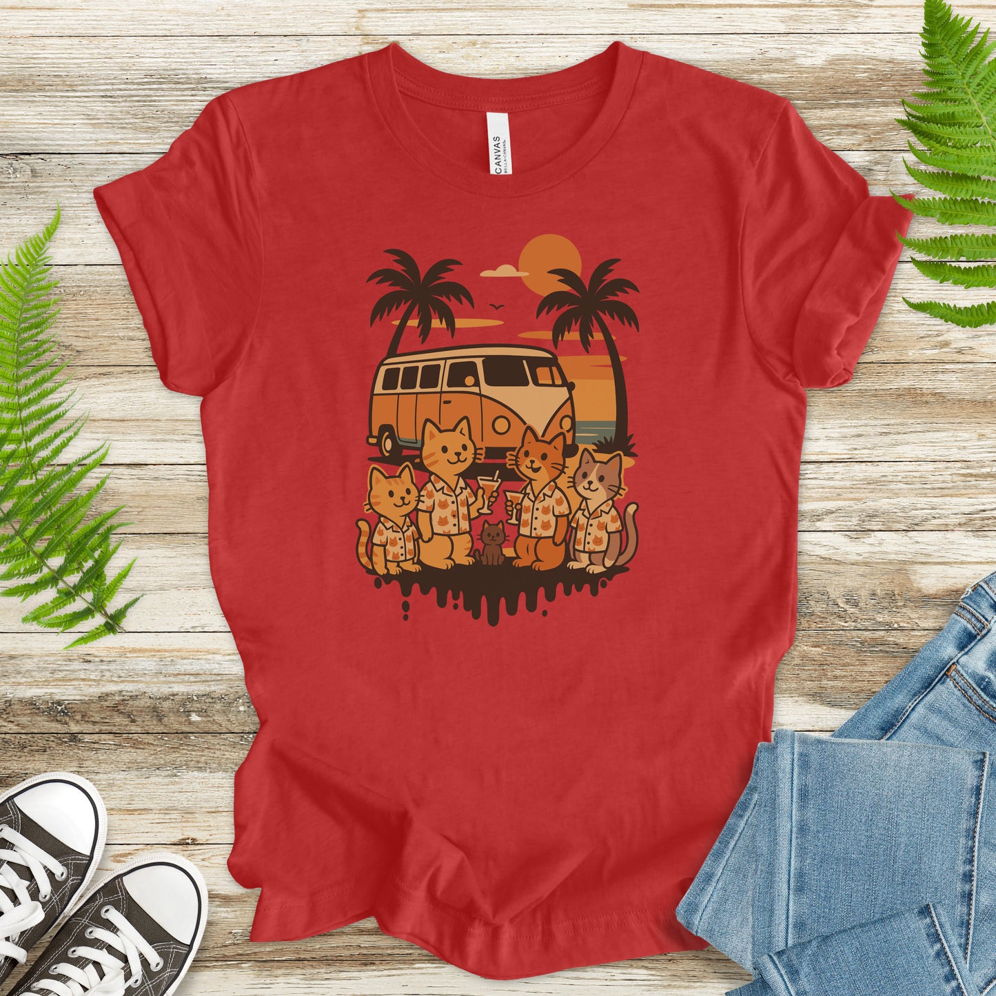 Beach Vacation Cats T-Shirt – Retro Van Life Sunset Tee for Cat Lovers