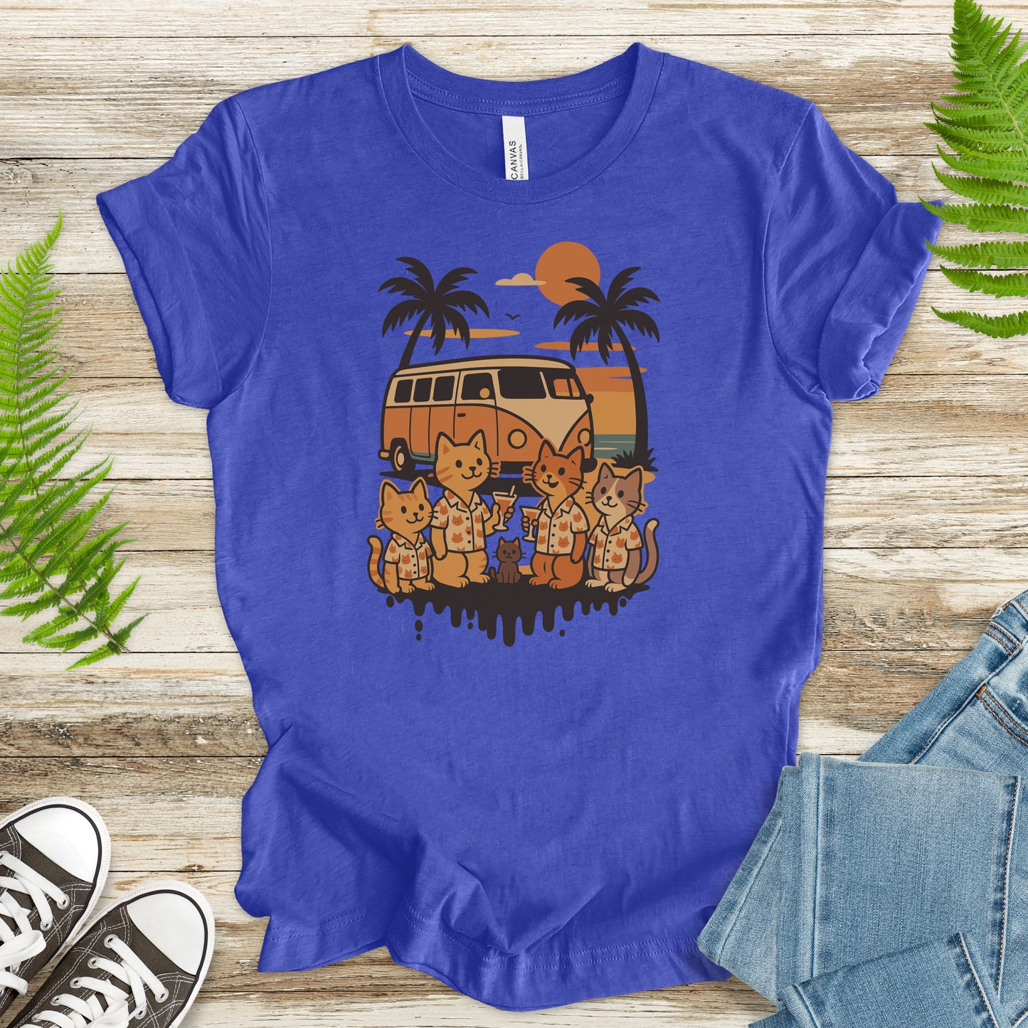 Beach Vacation Cats T-Shirt – Retro Van Life Sunset Tee for Cat Lovers