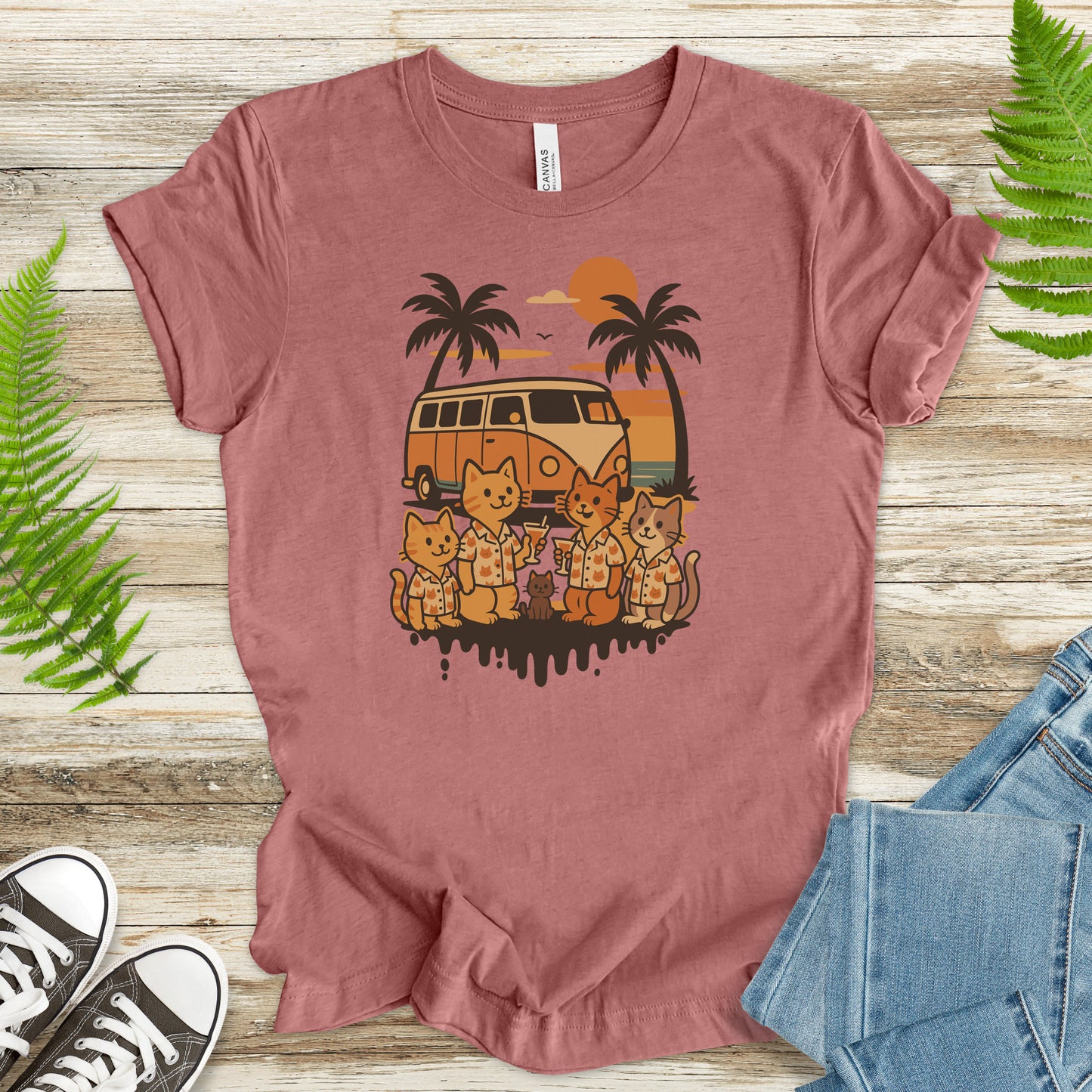 Beach Vacation Cats T-Shirt – Retro Van Life Sunset Tee for Cat Lovers