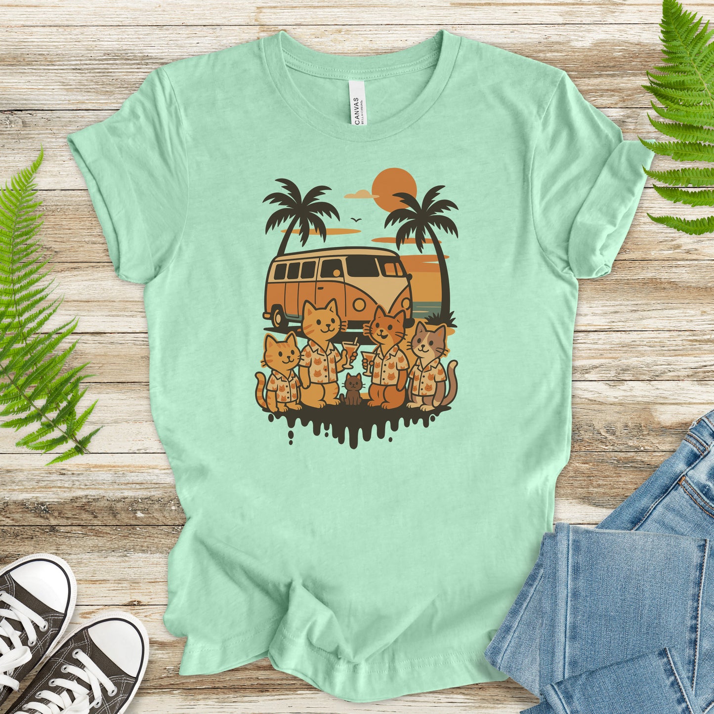 Beach Vacation Cats T-Shirt – Retro Van Life Sunset Tee for Cat Lovers
