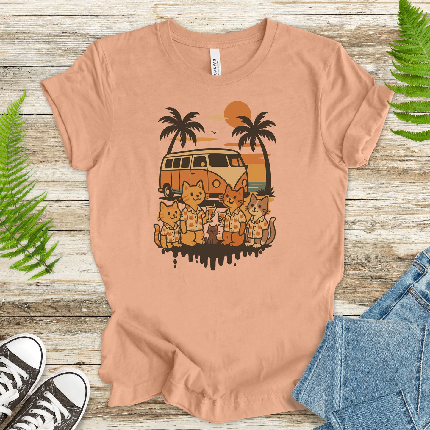 Beach Vacation Cats T-Shirt – Retro Van Life Sunset Tee for Cat Lovers