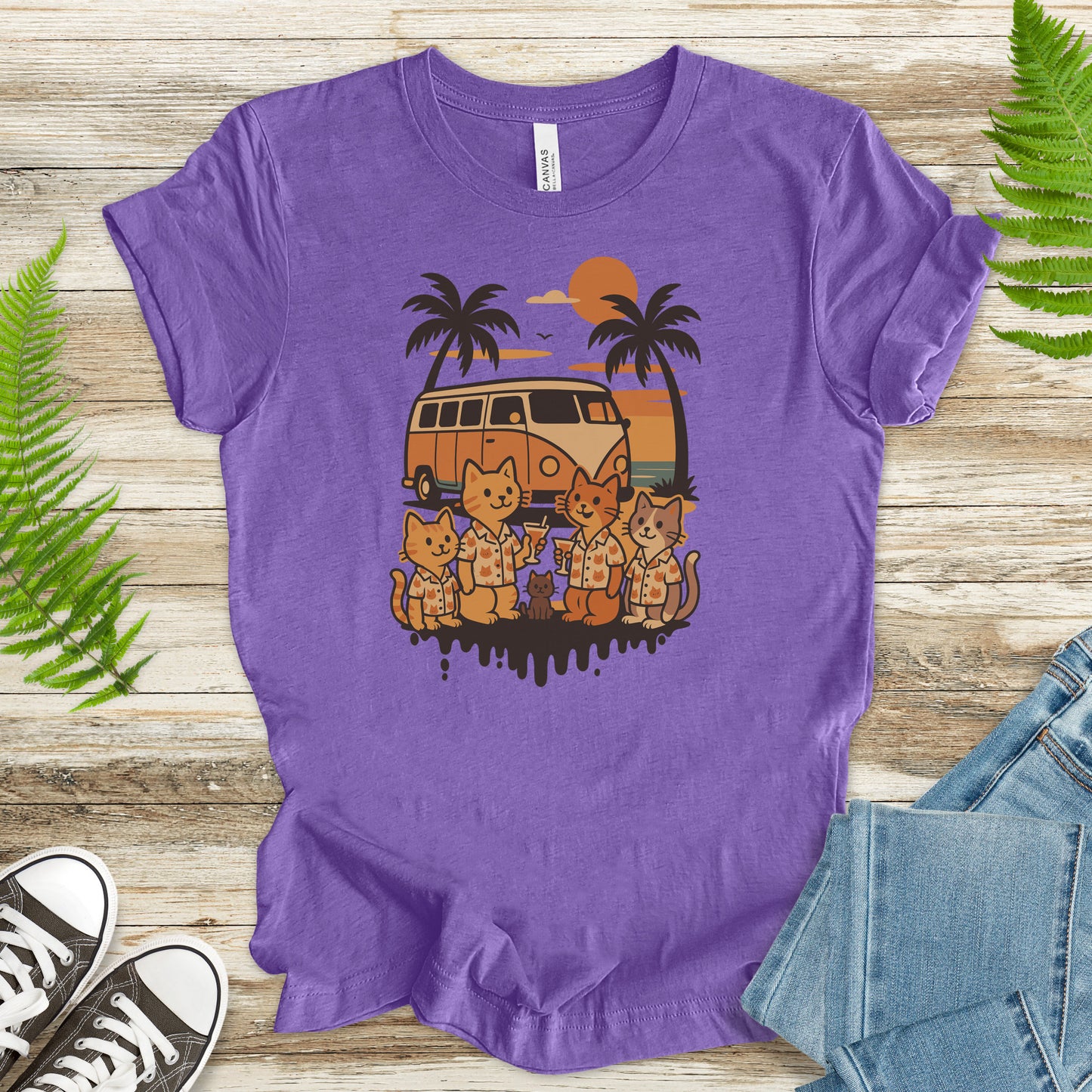 Beach Vacation Cats T-Shirt – Retro Van Life Sunset Tee for Cat Lovers