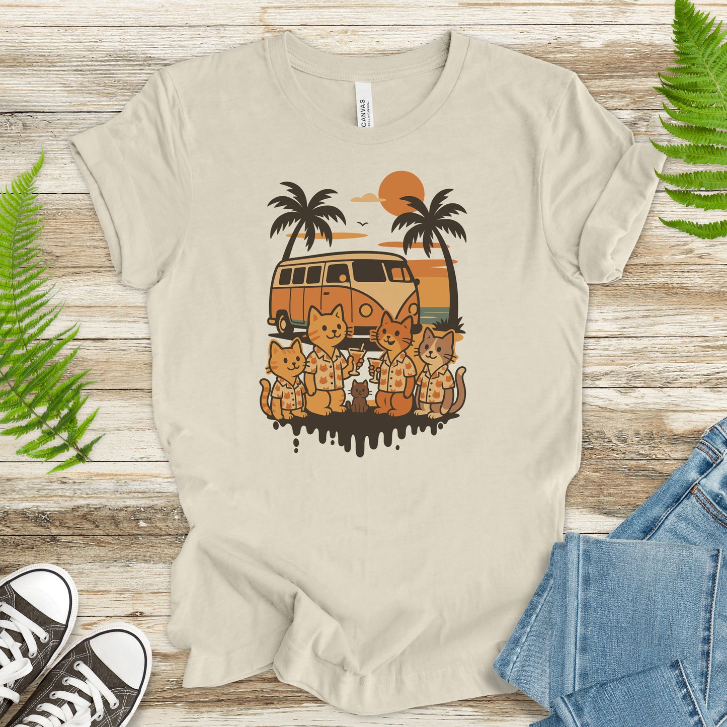Beach Vacation Cats T-Shirt – Retro Van Life Sunset Tee for Cat Lovers