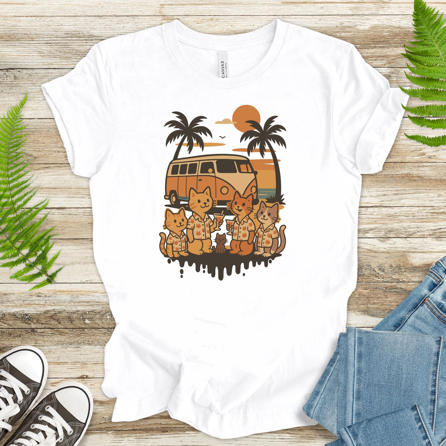 Beach Vacation Cats T-Shirt – Retro Van Life Sunset Tee for Cat Lovers