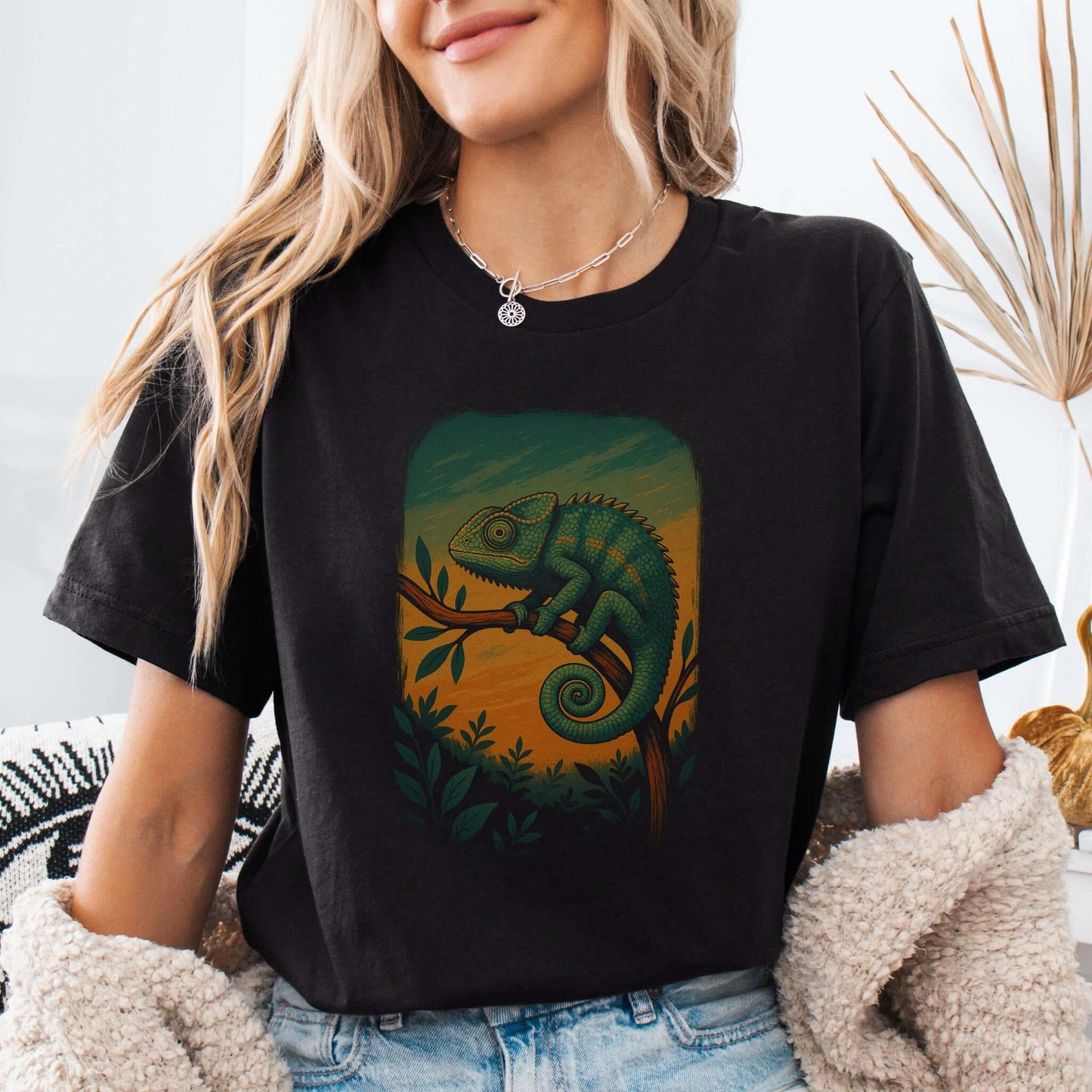 Chameleon in Grove T-Shirt – Nature-Inspired Reptile Art Tee