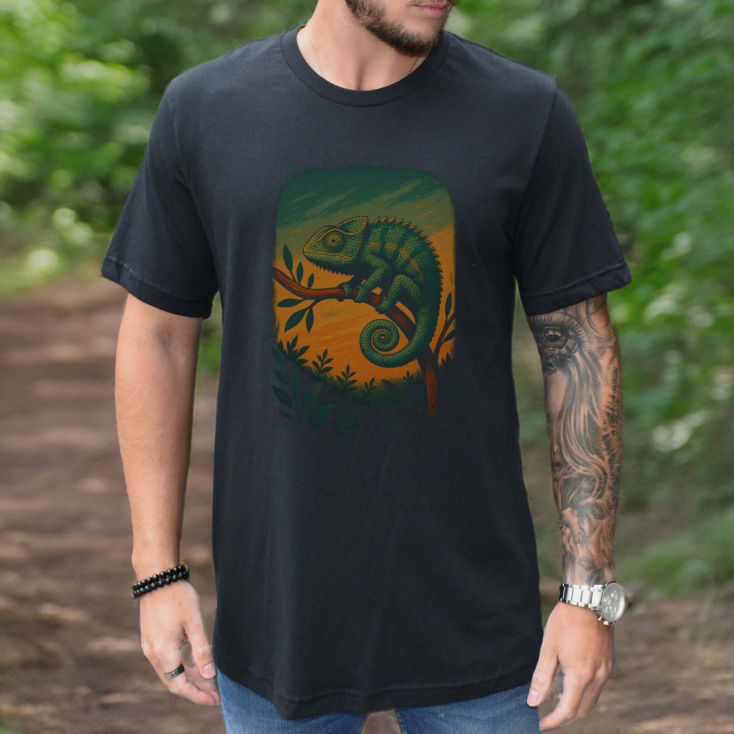 Chameleon in Grove T-Shirt – Nature-Inspired Reptile Art Tee