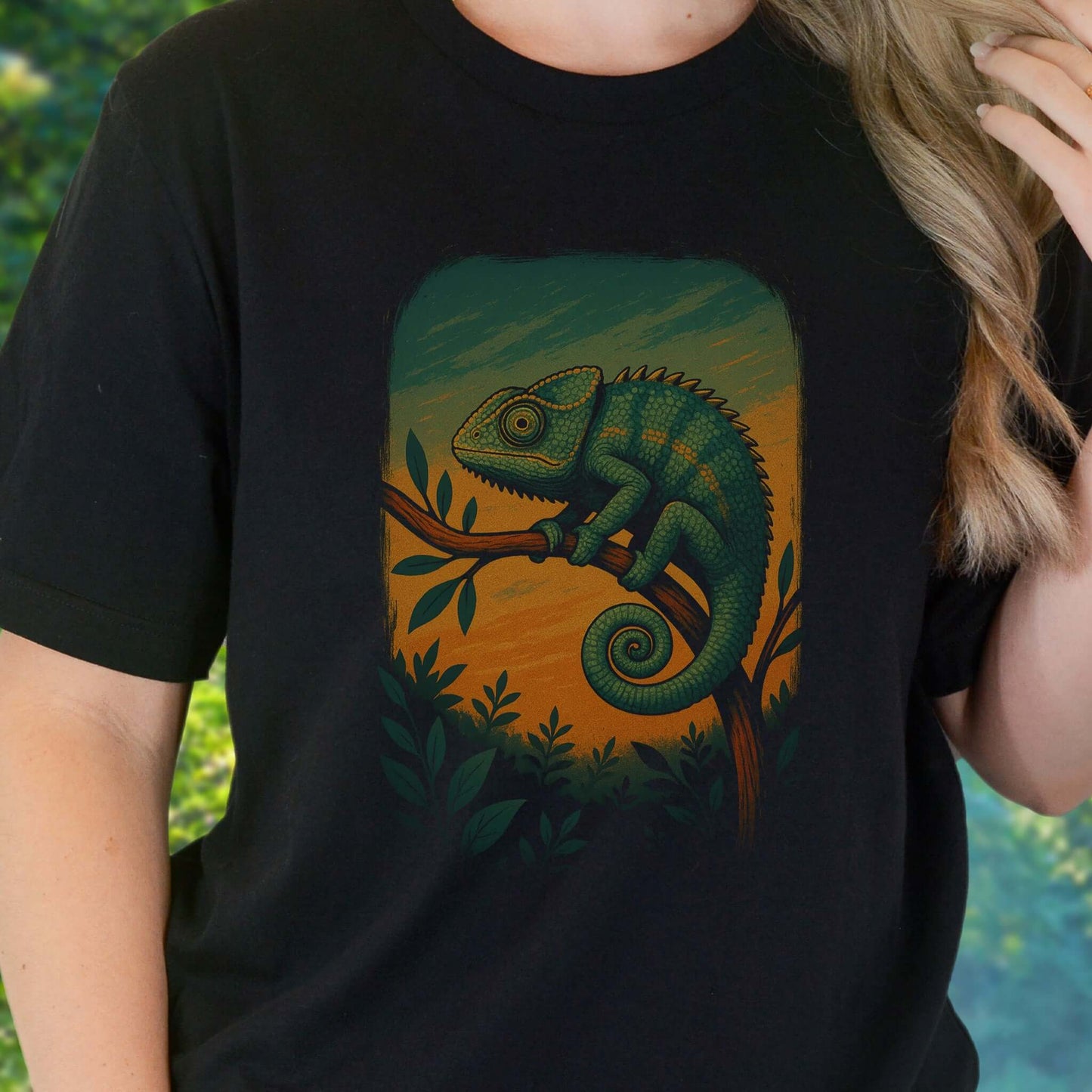 Chameleon in Grove T-Shirt – Nature-Inspired Reptile Art Tee