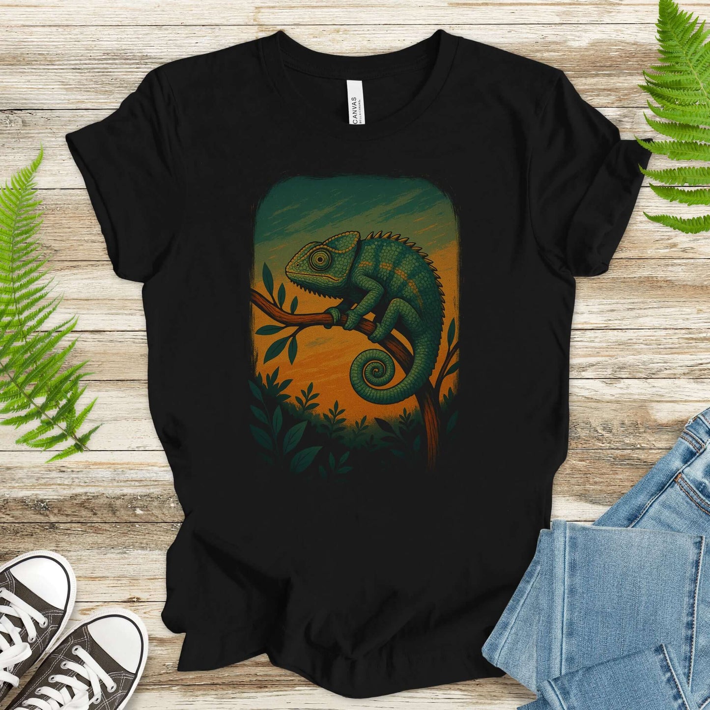 Chameleon in Grove T-Shirt – Nature-Inspired Reptile Art Tee