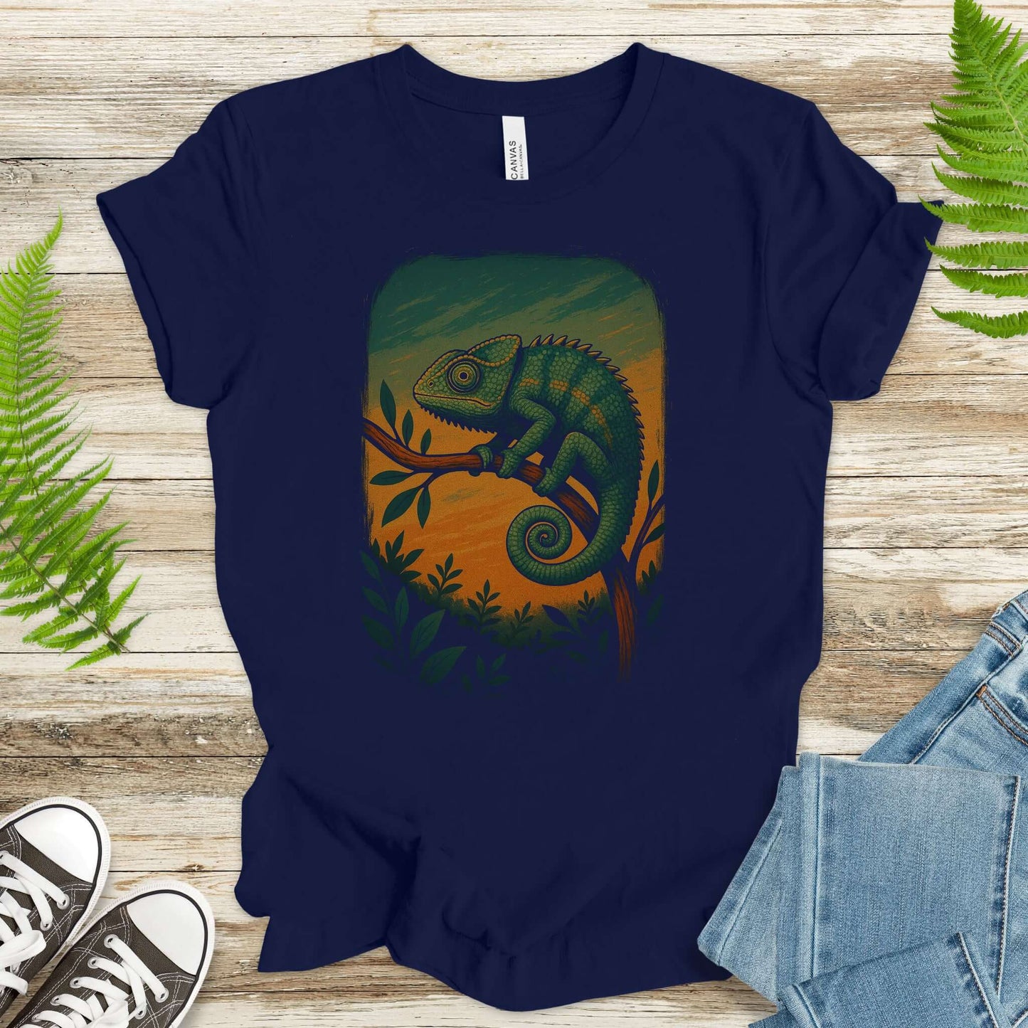 Chameleon in Grove T-Shirt – Nature-Inspired Reptile Art Tee