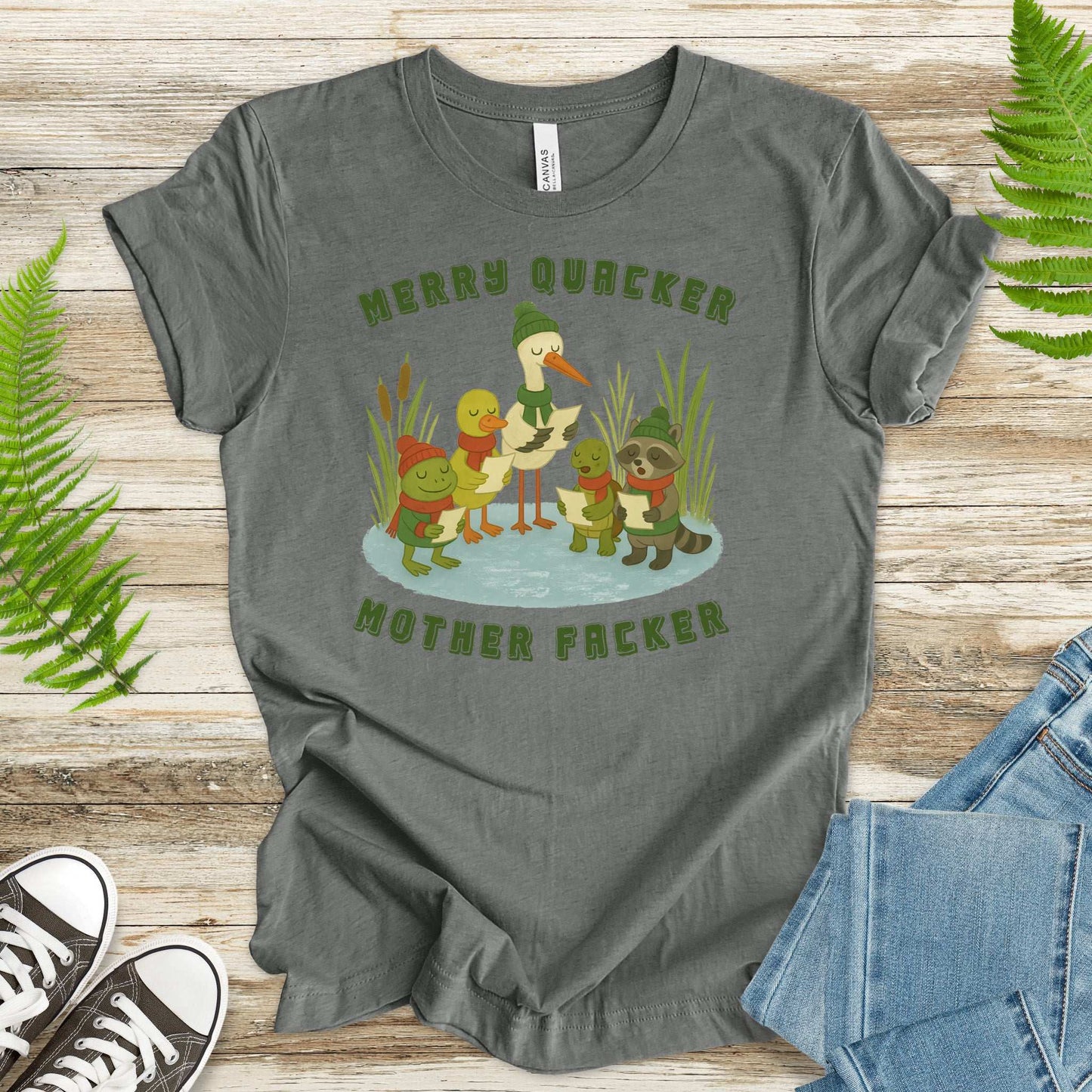 Merry Quacker Choir T-Shirt – Funny Duck, Frog & Raccoon Caroling Tee