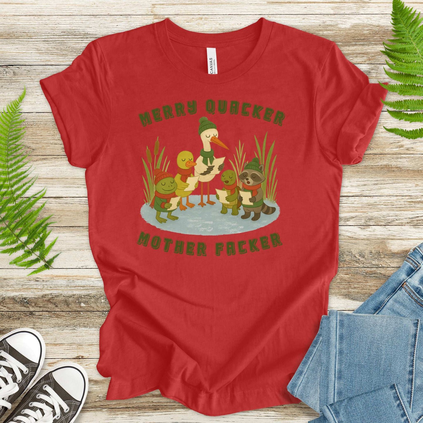 Merry Quacker Choir T-Shirt – Funny Duck, Frog & Raccoon Caroling Tee