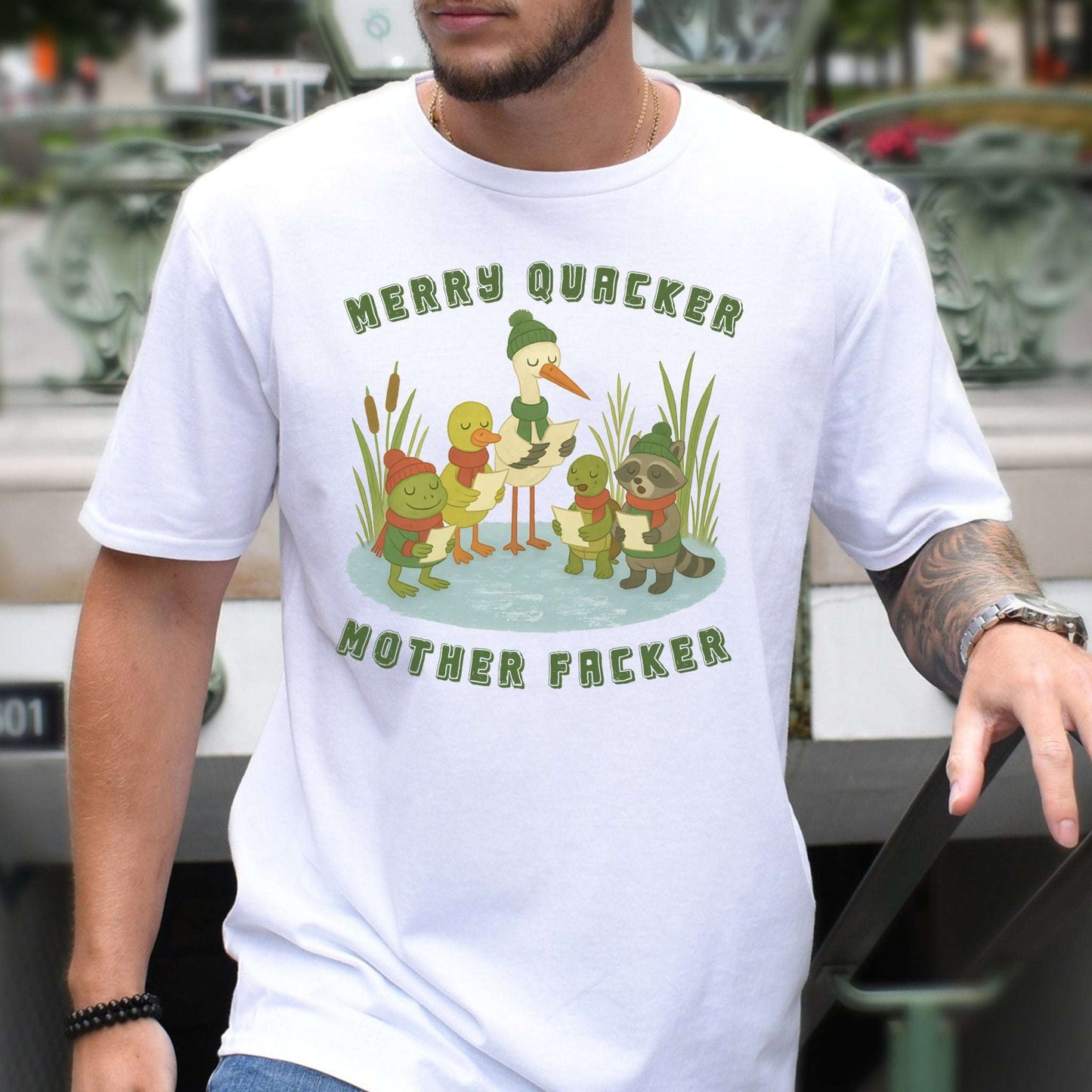 Merry Quacker Choir T-Shirt – Funny Duck, Frog & Raccoon Caroling Tee