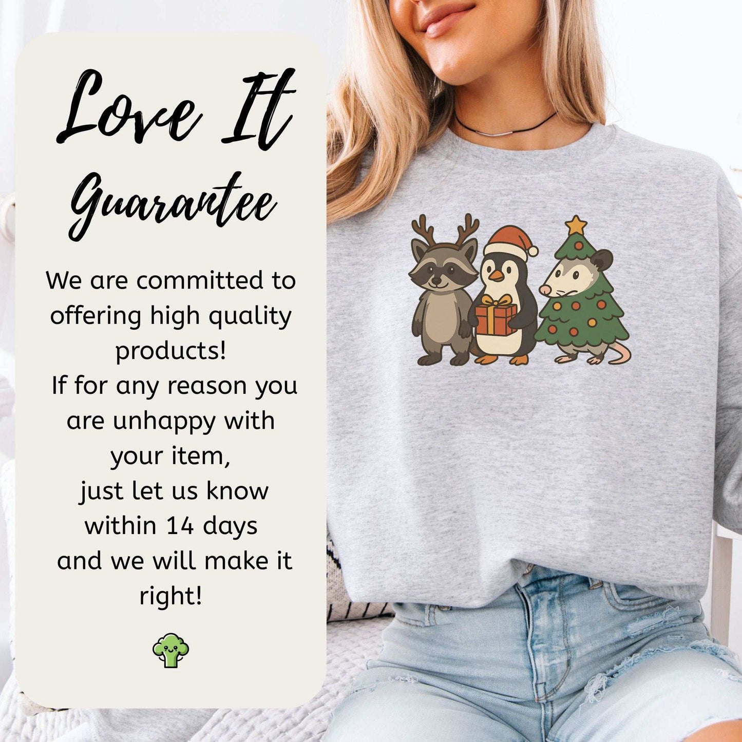 Christmas Critters Sweatshirt – Funny Raccoon, Penguin & Possum Chaos