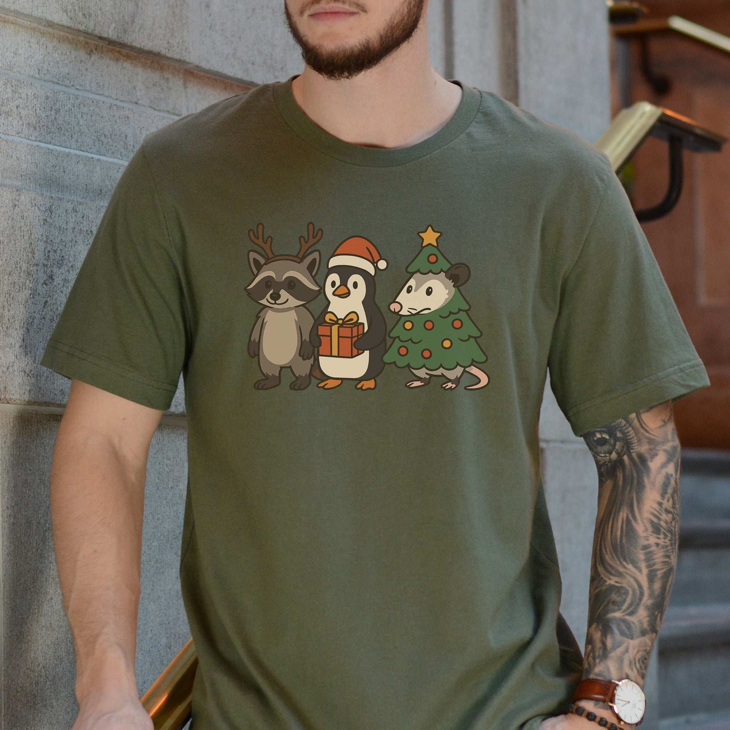 Christmas Critters T-Shirt – Funny Raccoon, Penguin & Possum Tee