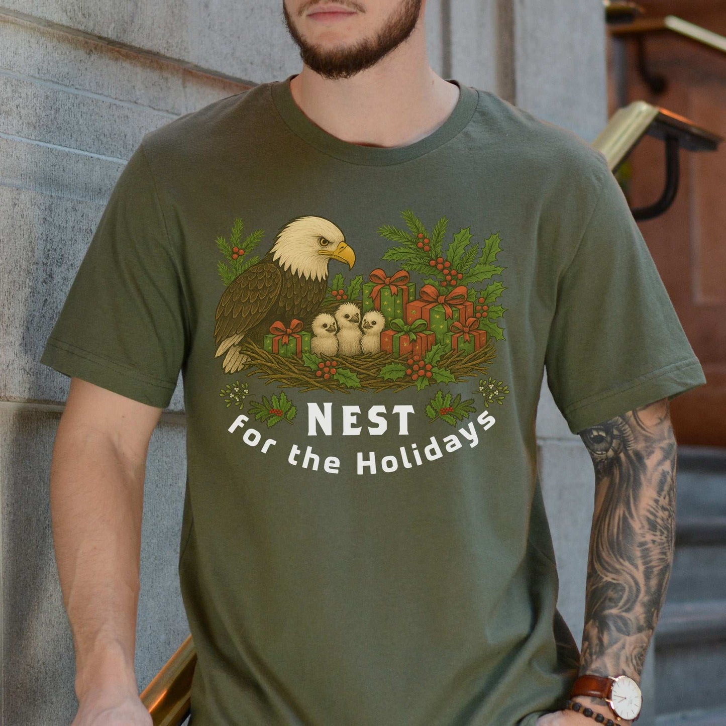 Nest for the Holidays T-Shirt – Funny Bald Eagle Christmas Tee