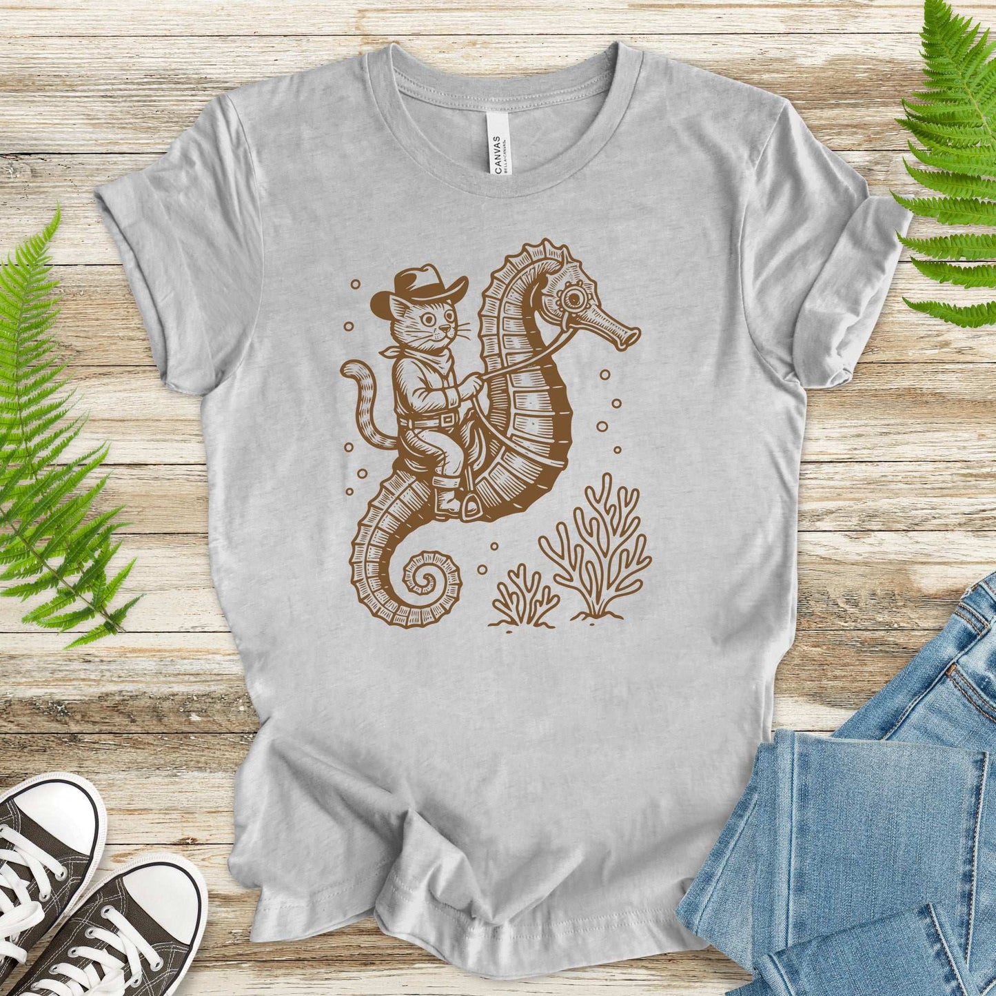 Cowboy Cat Seahorse T-Shirt – Retro Ocean Rodeo Animal Lover Tee