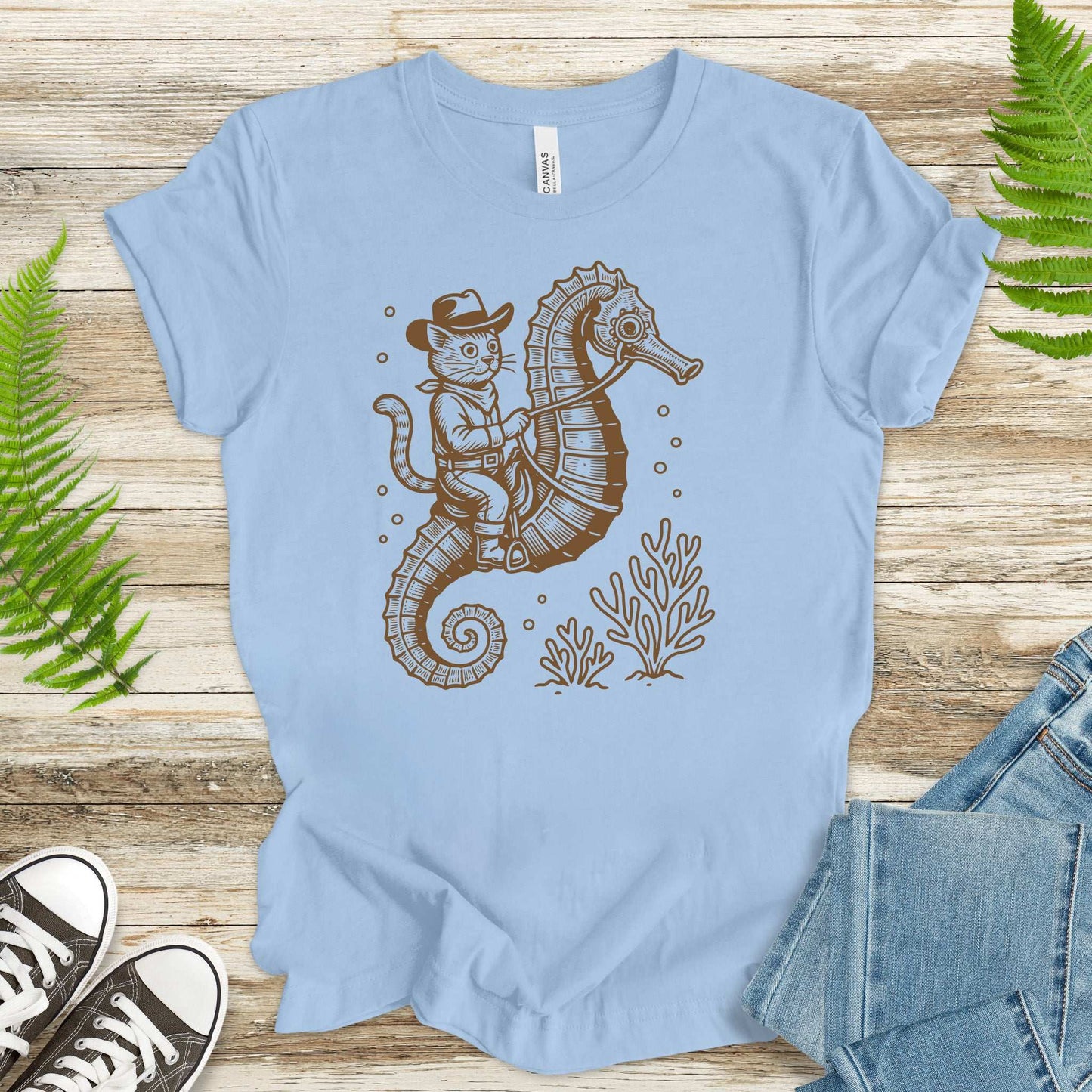 Cowboy Cat Seahorse T-Shirt – Retro Ocean Rodeo Animal Lover Tee