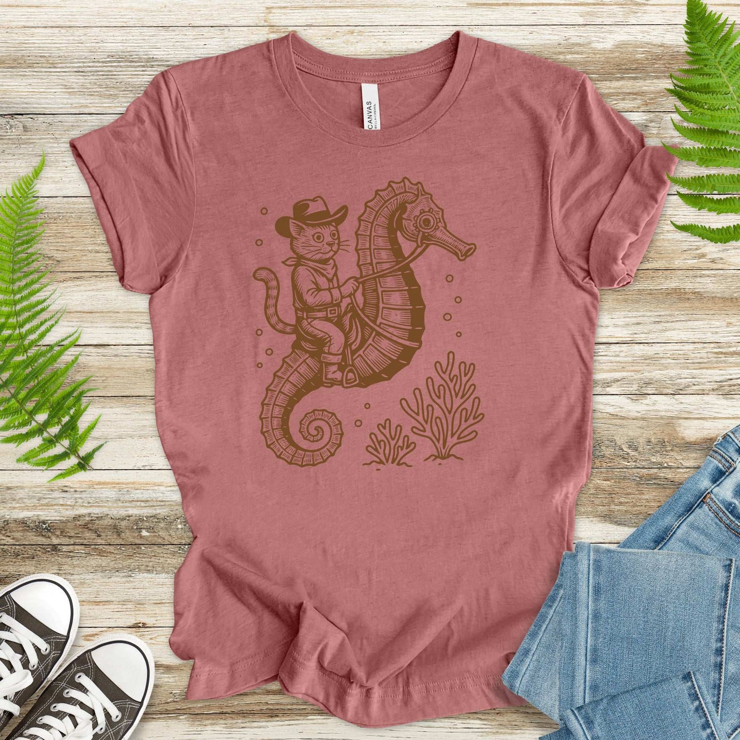 Cowboy Cat Seahorse T-Shirt – Retro Ocean Rodeo Animal Lover Tee