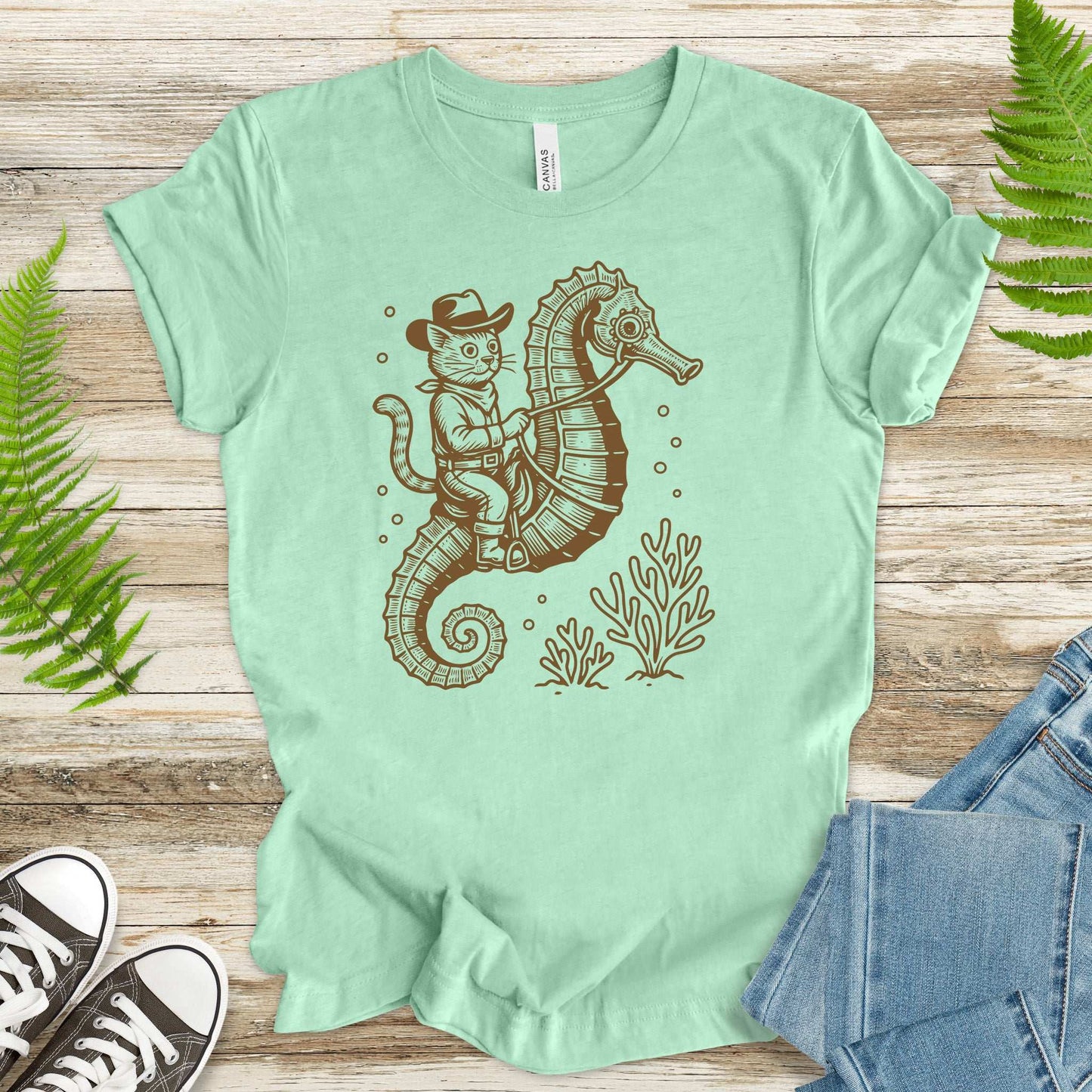 Cowboy Cat Seahorse T-Shirt – Retro Ocean Rodeo Animal Lover Tee