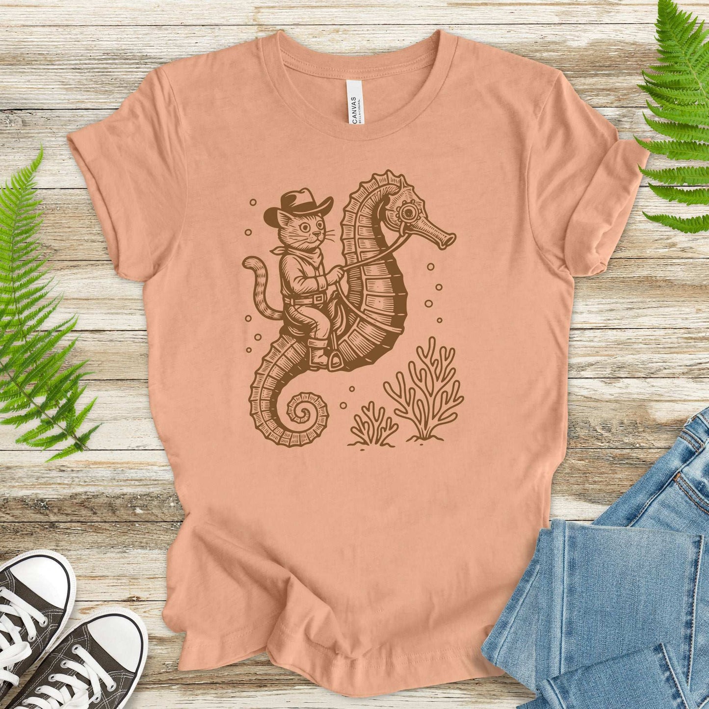 Cowboy Cat Seahorse T-Shirt – Retro Ocean Rodeo Animal Lover Tee