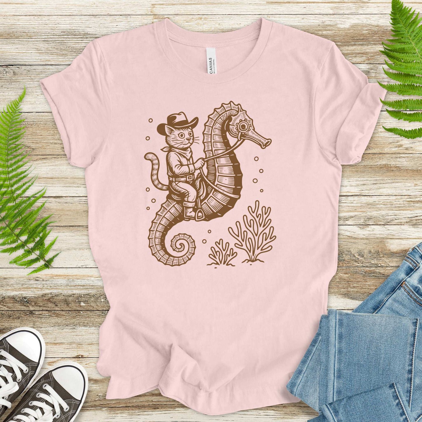 Cowboy Cat Seahorse T-Shirt – Retro Ocean Rodeo Animal Lover Tee