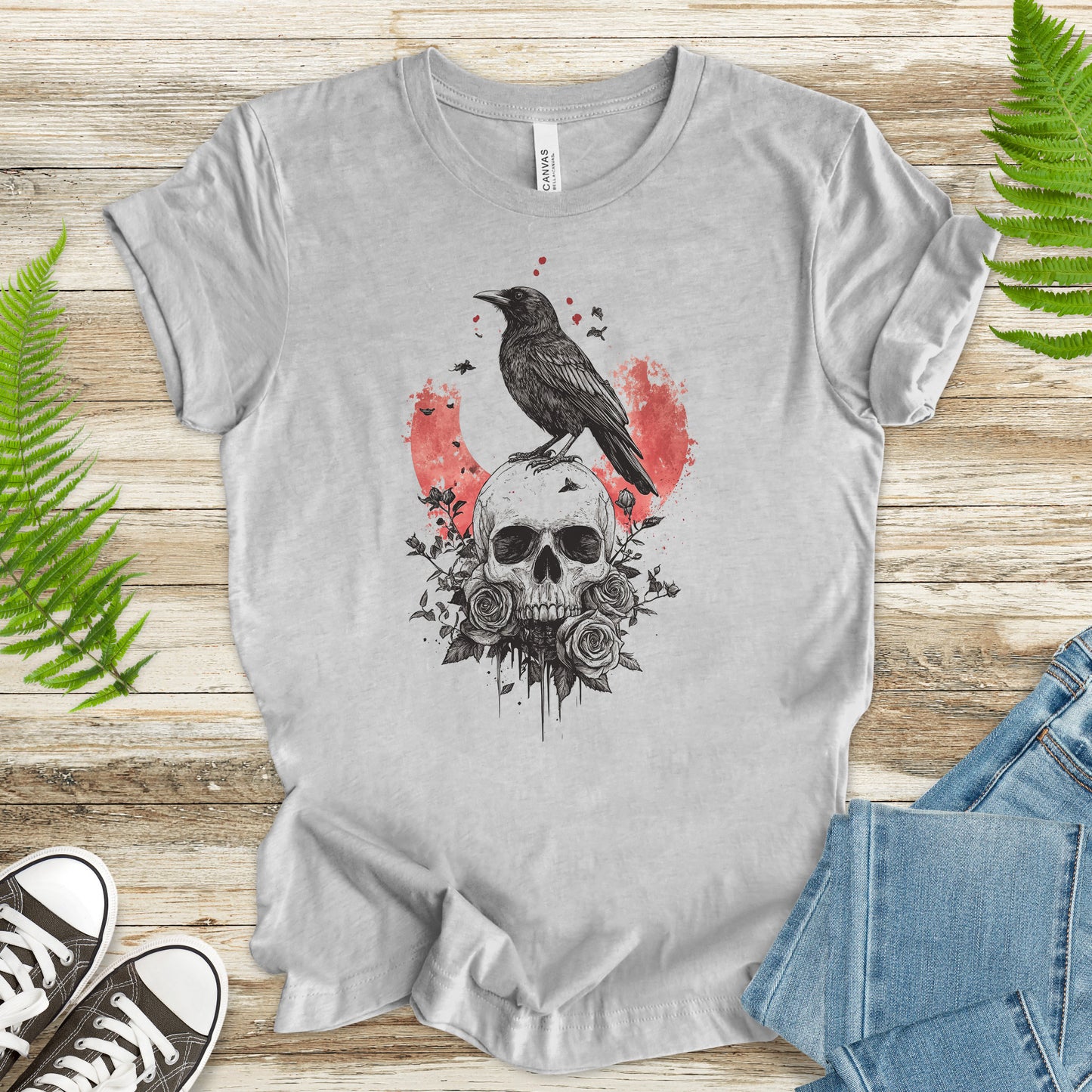 Crow and Skull T-Shirt – Gothic Japanese Rose Raven Art Tee