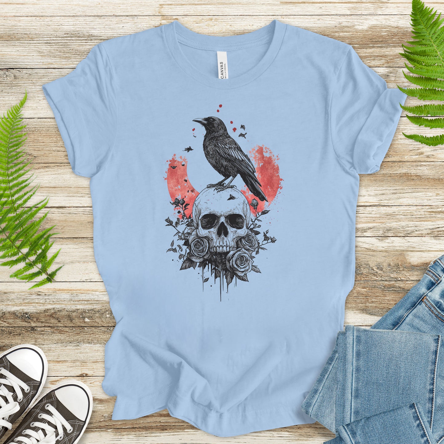 Crow and Skull T-Shirt – Gothic Japanese Rose Raven Art Tee