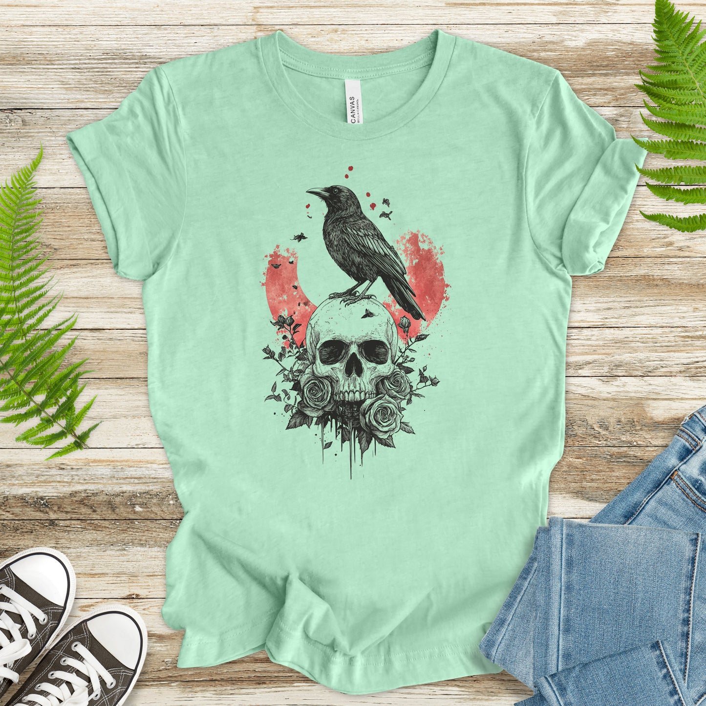 Crow and Skull T-Shirt – Gothic Japanese Rose Raven Art Tee