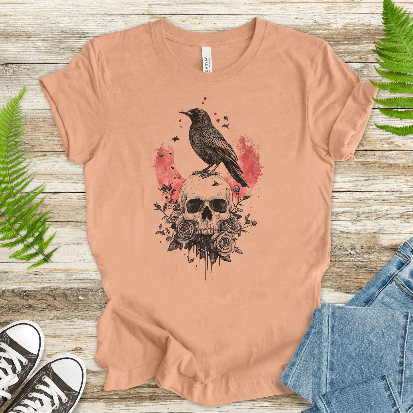 Crow and Skull T-Shirt – Gothic Japanese Rose Raven Art Tee