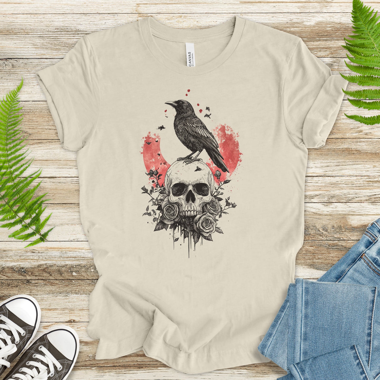 Crow and Skull T-Shirt – Gothic Japanese Rose Raven Art Tee